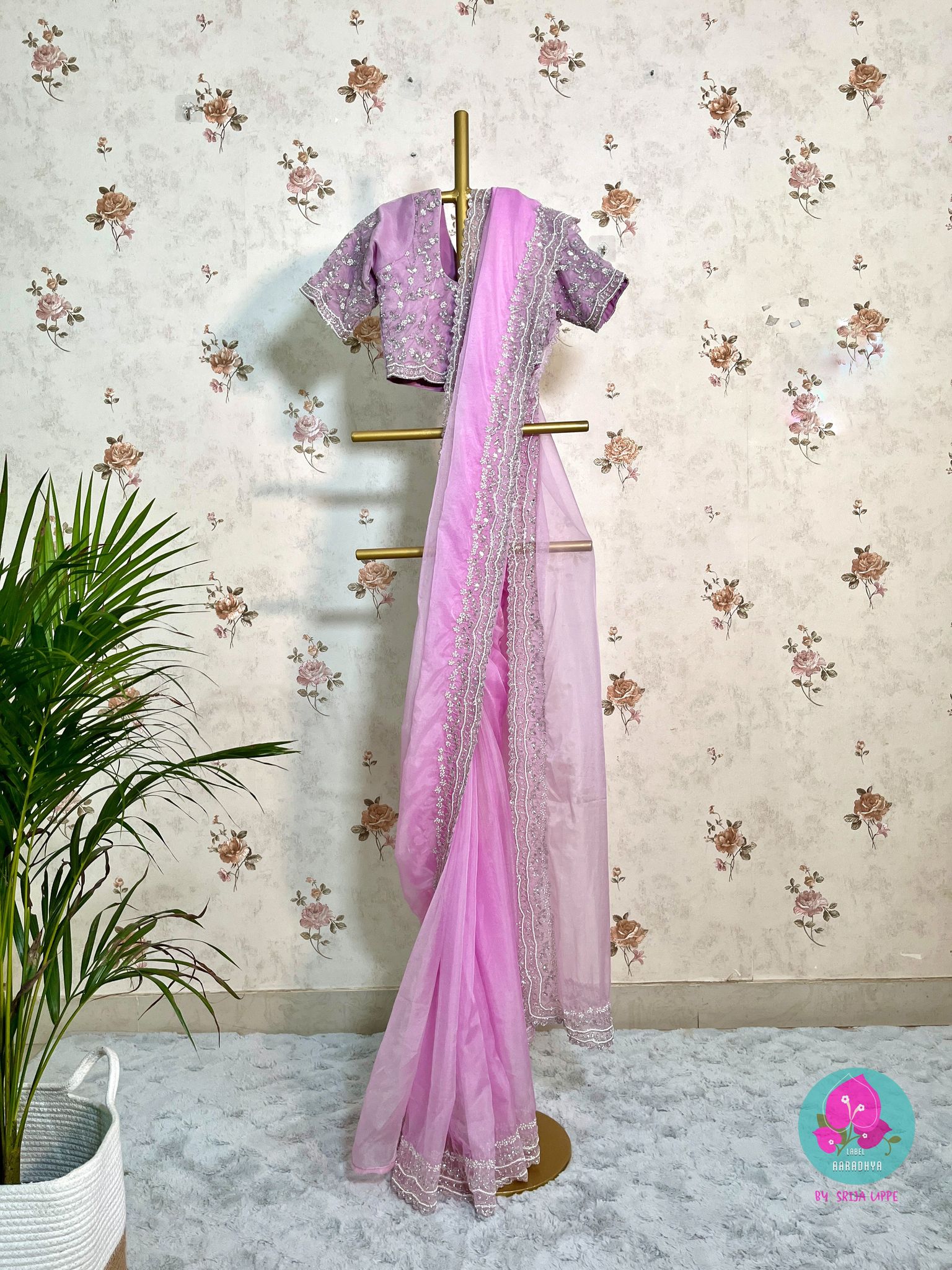 Lavender color Hand Embroidered Soft Organza Saree with blouse-XS