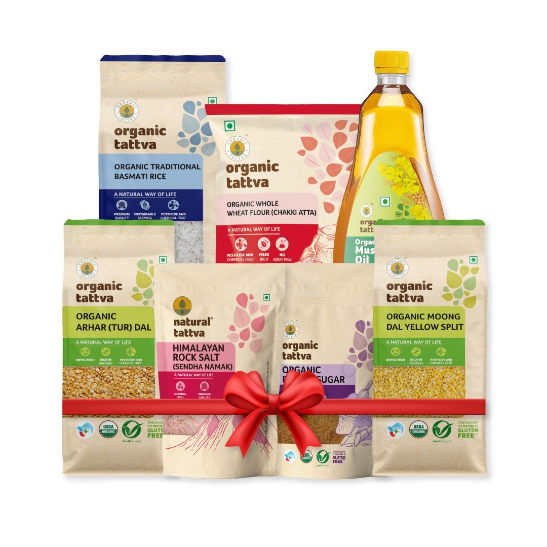ORGANIC STARTER PACK (Wheat flour, Basmati rice, Mustard oil, Arhar dal, Moong dal yellow, Kabuli chana, Brown sugar, Natural Rock salt