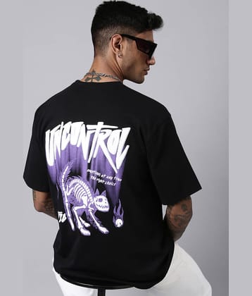 LEWEL Cotton Blend Oversized Fit Printed 3/4th Sleeves Men's Round T-Shirt - Black ( Pack of 1 )