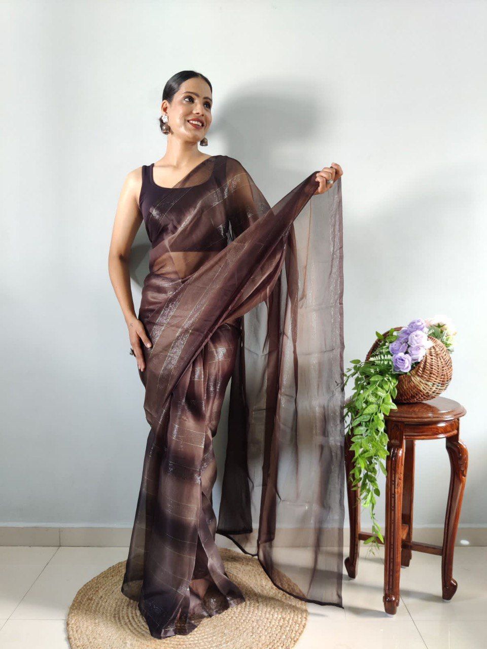 Organza Pure Soft Silk Ready To Wear Fancy Saree-Brown