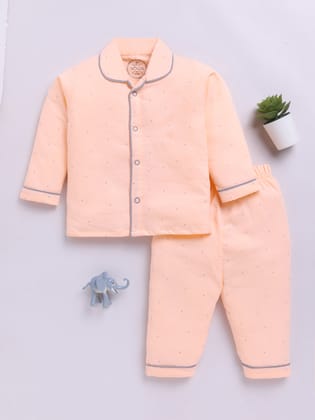 Peach Cotton Full Sleeves Polka Dots Nightwear Set-6-9 m