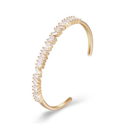 Assymetrical Emerald Cut Swarovski Bangle in 14K Gold - White