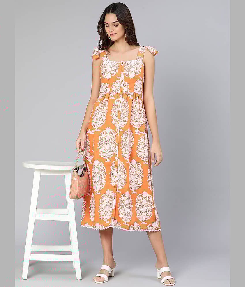 Oxolloxo Viscose Rayon Printed Knee Length Women's A-line Dress - Orange ( Pack of 1 )