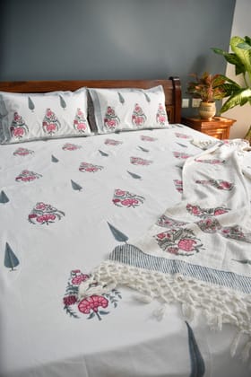 Coral flowers Handblock Bedsheet : Premium cotton Super King (108 x 108) inches bedsheet