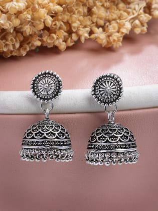 NVR Women Silver Plated Round Shape Oxidized Traditional Jhumka Earrings-One Size / Silver / German Silver