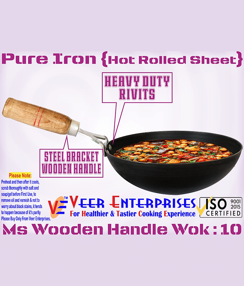 Ms Pure Iron/Loha Black Deep Kadai/Wok With Wooden Handle No-10 (Dia-10 Inches, Cap.-2 Litres)
