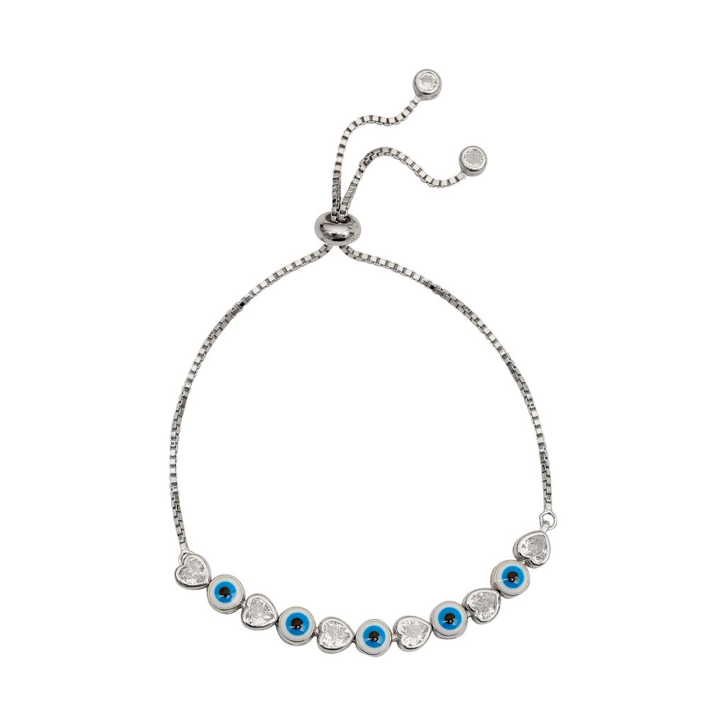 925 Sterling Silver Evil Eye & Heart CZ Adjustable Bracelet for Women & Girls | Blue Eye Protection Charm Bracelet I Weight - 6.68 g