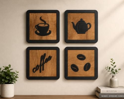 8×8 Inch 3D Black & Wood Finish Café Decor | Cup, Teapot, Coffee Beans & Coffee Sign | Waterproof Decorative Wall