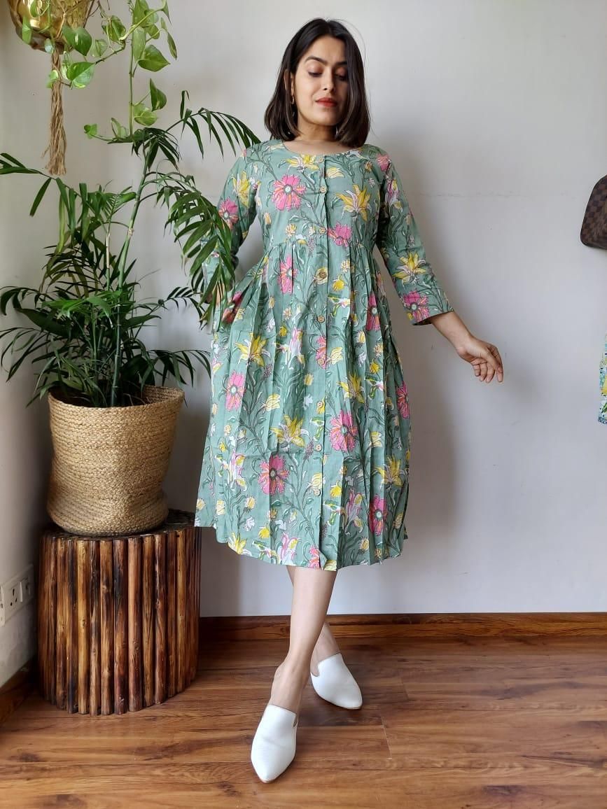 Poetic Blockprinted Cotton Olive Green Long Dress-36(S)