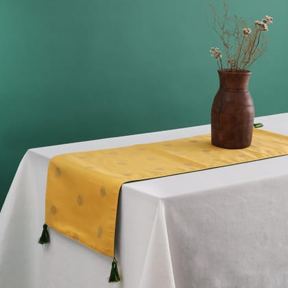 Yellow Chanderi Handwoven Table Runner with Golden Motifs-Yellow, Golden, and Green / Chanderi / 12x58 inches