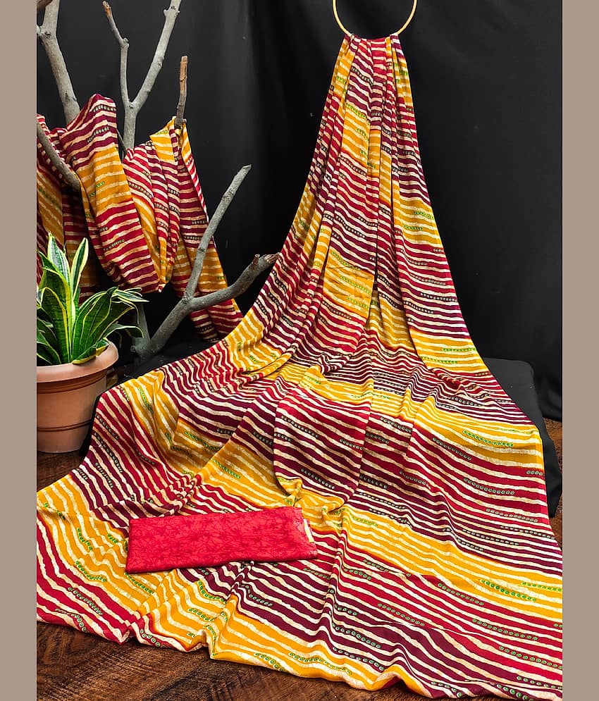 Kanooda Prints Georgette Printed Saree With Unstitched Blouse Piece ( Yellow )