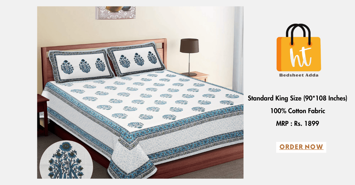 3001-Hometrade India-Standard King Size (90*108 Inches)-Pure Cotton Jaipuri Double Bedsheet With Matching Pillow Cover