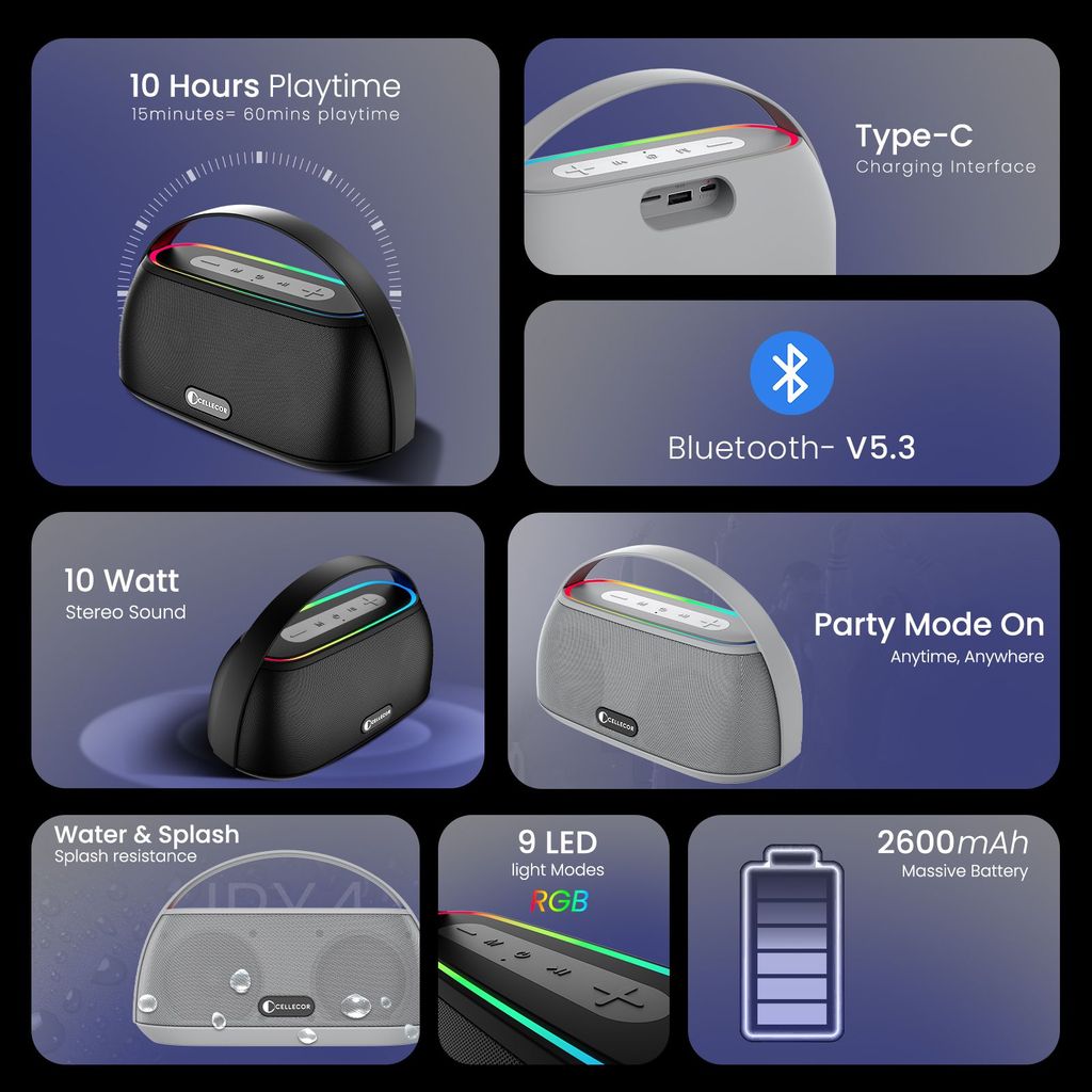 Cellecor CLB-60 | 10 Hr Playtime | BT-v5.3 | 2600mAH | Water Resistant 10 W Bluetooth Speaker-Black