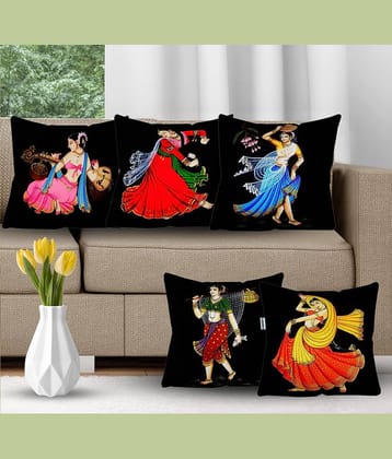 Crosmo Set of 5 Satin Ethnic Square Cushion Cover (40X40)cm - Black