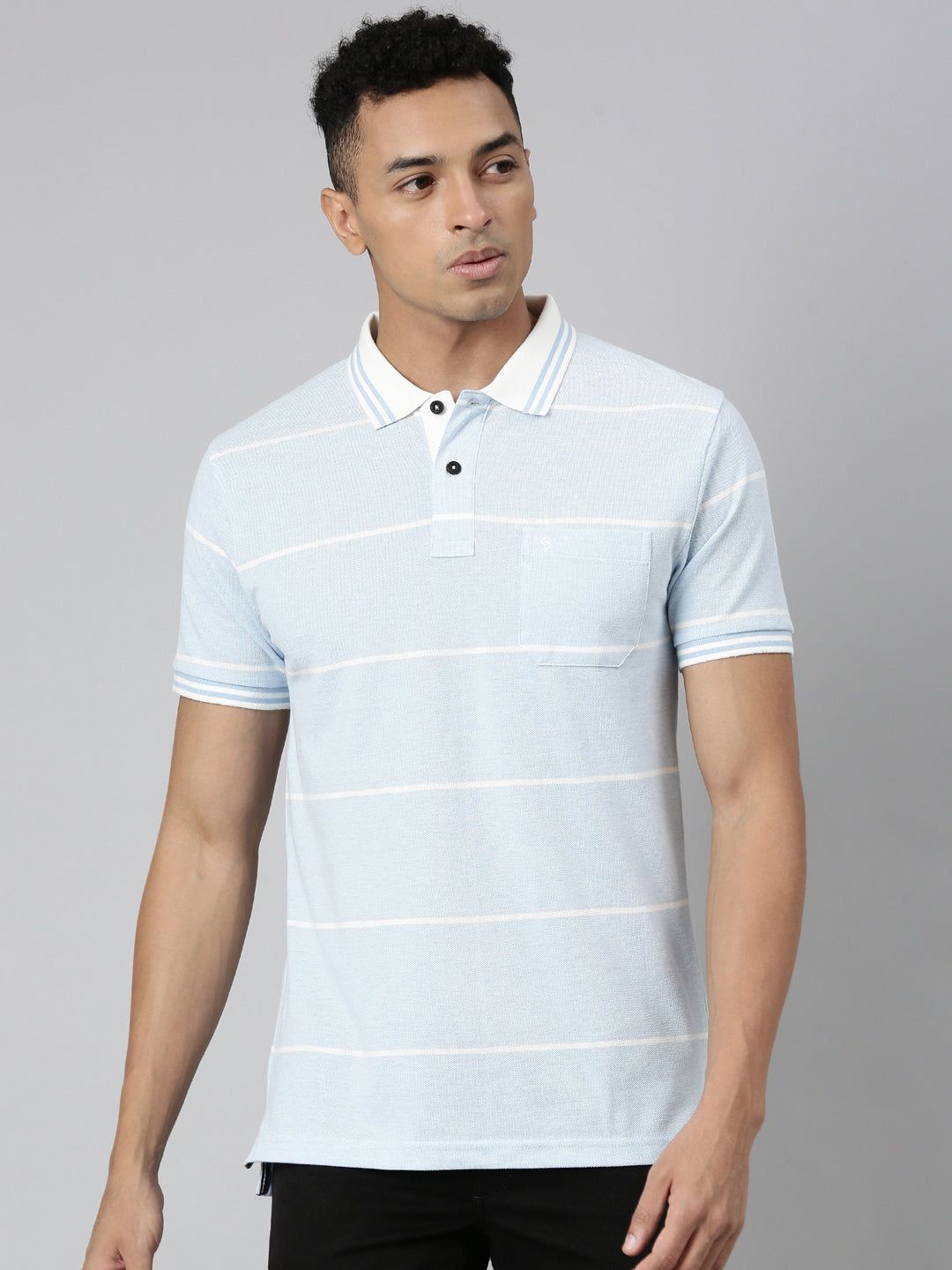 Classic Polo Men's Polo Neck Cotton Sky Blue Slim Fit Striped T-Shirt | ADORE-216 B SF P