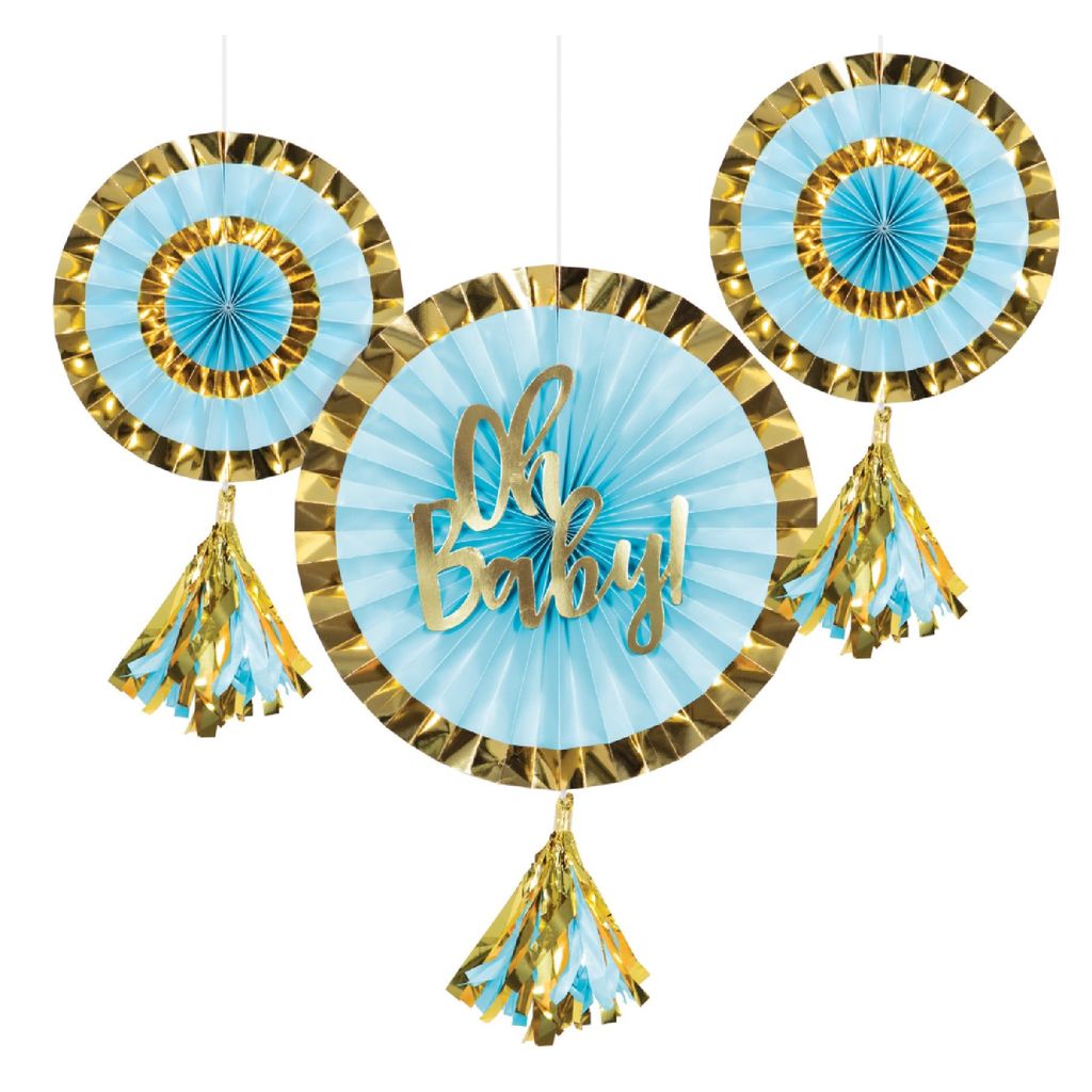 Oh Baby! Paper Fans Blue & Gold with Tassel - 3PC - Party and Festive Needs | Buy online on ZillyBuy