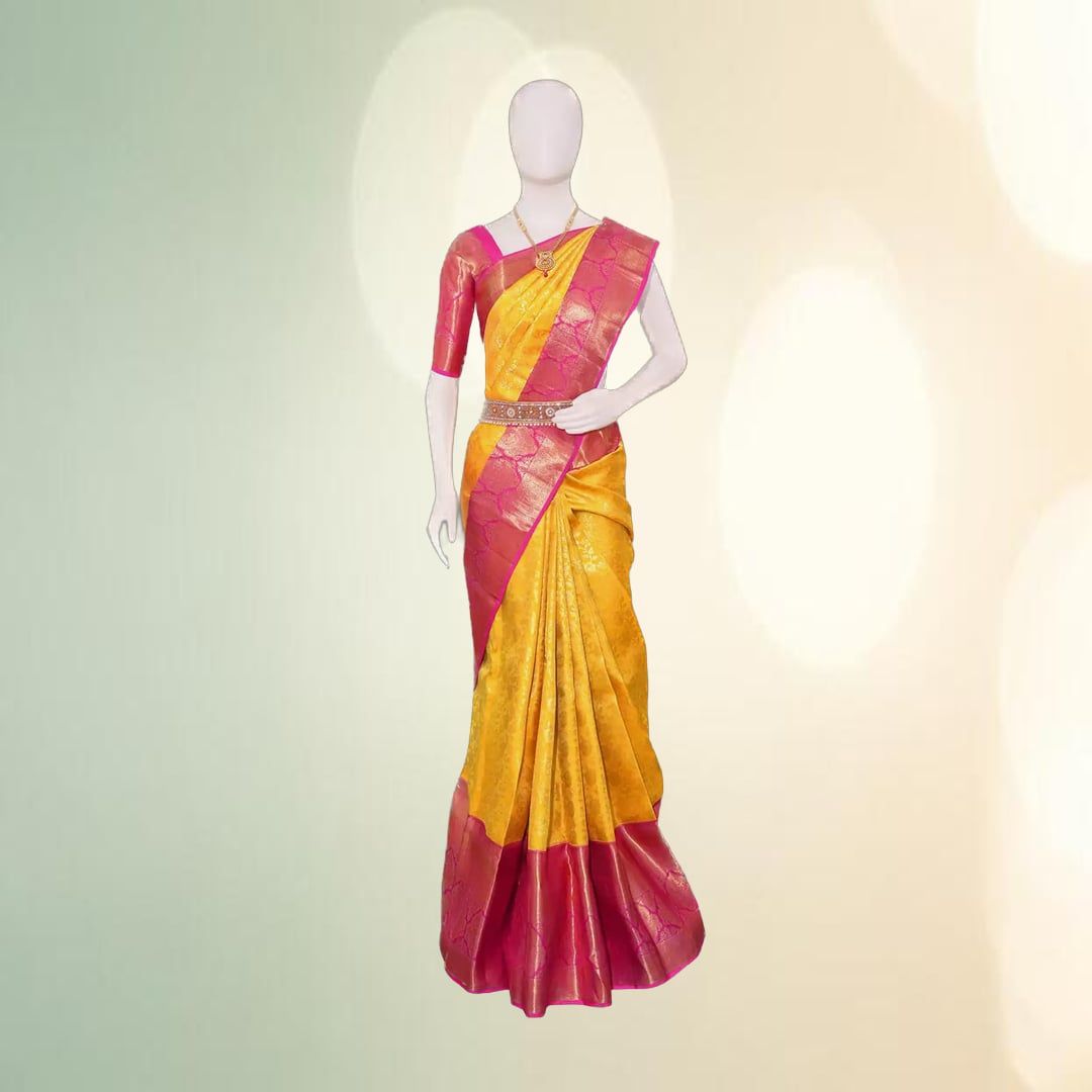 Traditional Yellow and Pink Pattu Silk Saree | Rich Zari Border | Festive & Wedding Wear