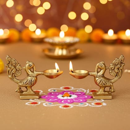 Brass Pair Of Bird Oil Lamp Deepak  - Twin Bird Design Puja Diya, Height : 2.4 Inch (BSMAS1171 A)