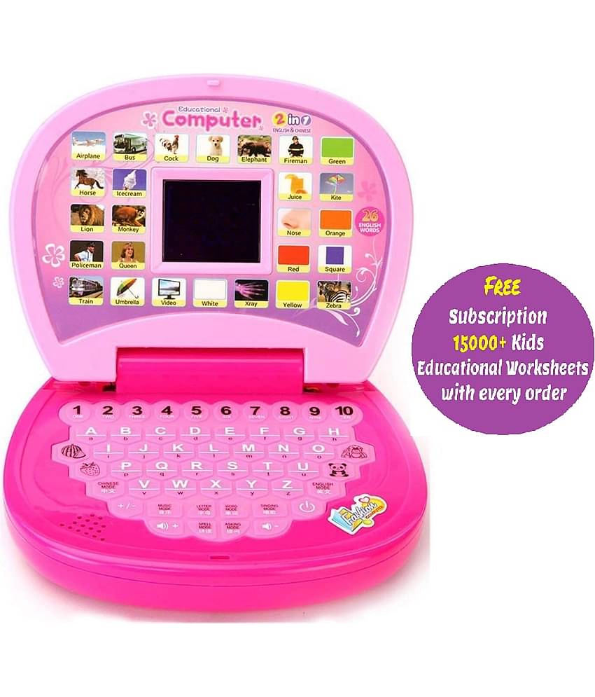 Educational Learning Laptop for Kids with LED Display, Alphabet ABC and 123 Number Learning Computer for Kids (Laptop Pink) (Free subscription of kids Educational worksheets)