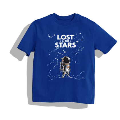lost in the stars - Round Neck Drop Shoulder Graphic Printed Oversized Cotton T-shirt-S / BLUE