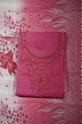 Pink Colour Thread work cotton Unstitched Suit Fabric with Pant & cotton Dupatta-Fuchsia Pink