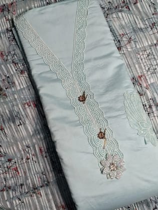 Sky Blue Colour Lace work Unstitched Suit Fabric with Printed Dupatta-Free Size / Sky Blue