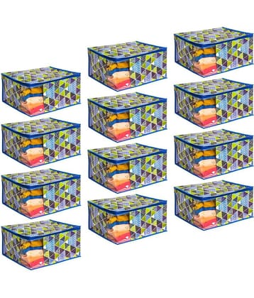 Saree Cover Large with Creative Prints, Saree Storage Bag with Zip, Wardrobe Organiser Clothes Cover & Storage,  Trio Blue, Set of 12 pcs