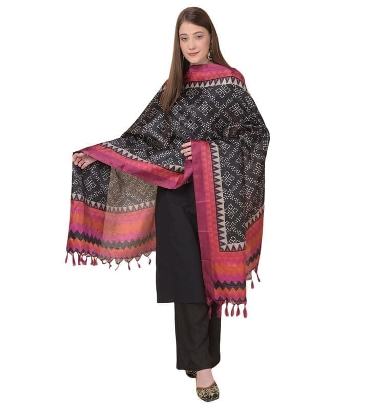 Women's Art Silk Printed Dupatta (Black)-PID47022