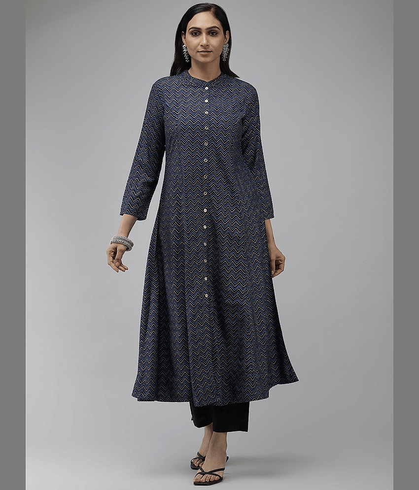 Yash Gallery Rayon Printed Front Slit Women's Kurti - Blue ( Pack of 1 )