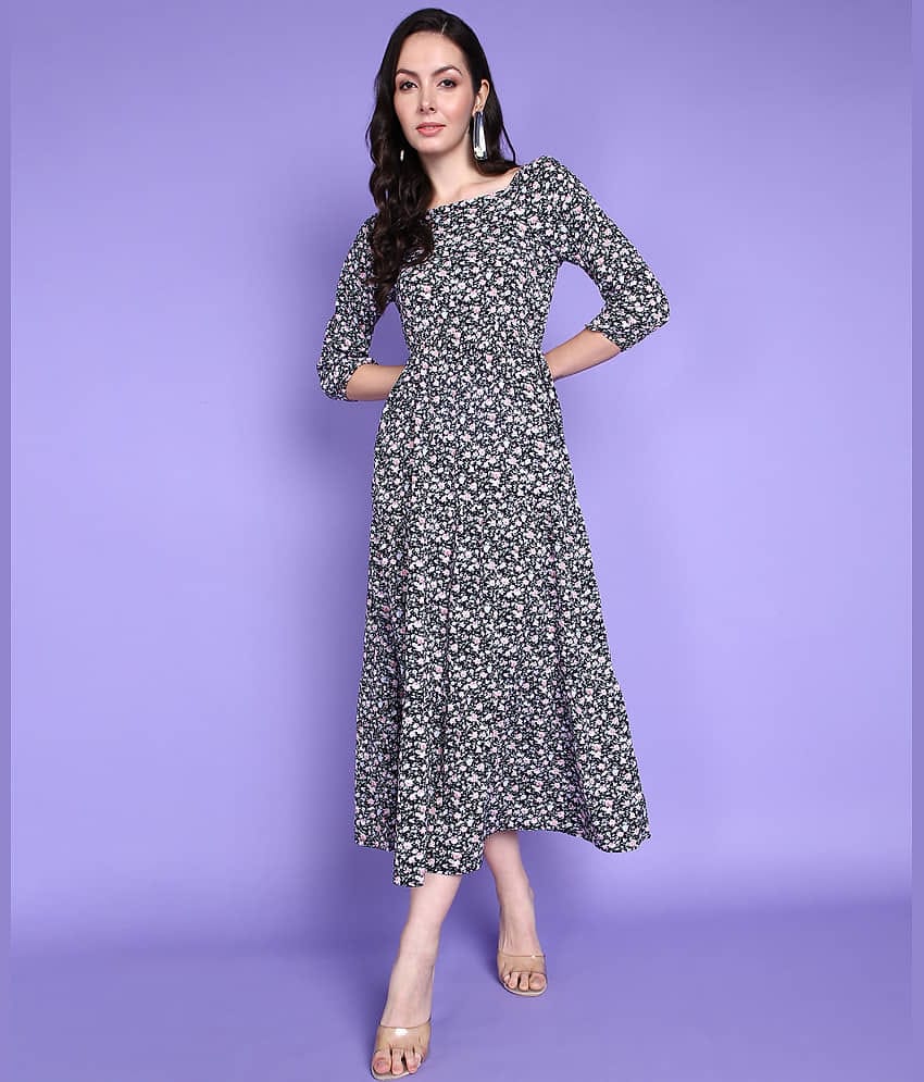 POPWINGS Women Polyester Printed A-line Dress ( Multi Color )