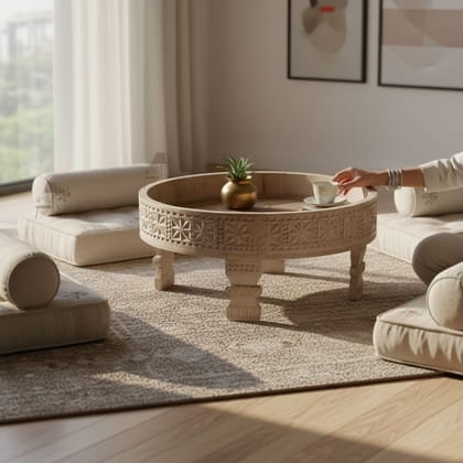 BAANMATA INTERNATIONAL Handicraft Home-Living Multipurpose Chakki-Table,Beautiful Painted Carved Wooden Grinder-Table,Drawing Room Decors Brass-Embossed Round Coffee-Table