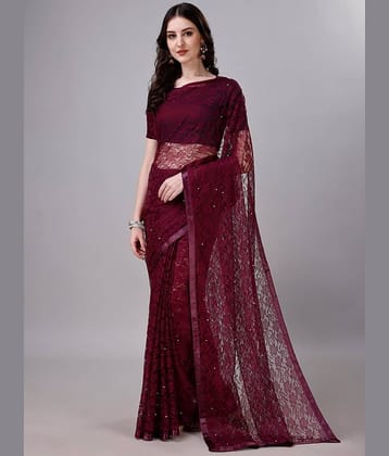 VERVIZA Net Embroidered Saree With Unstitched Blouse Piece ( Wine )