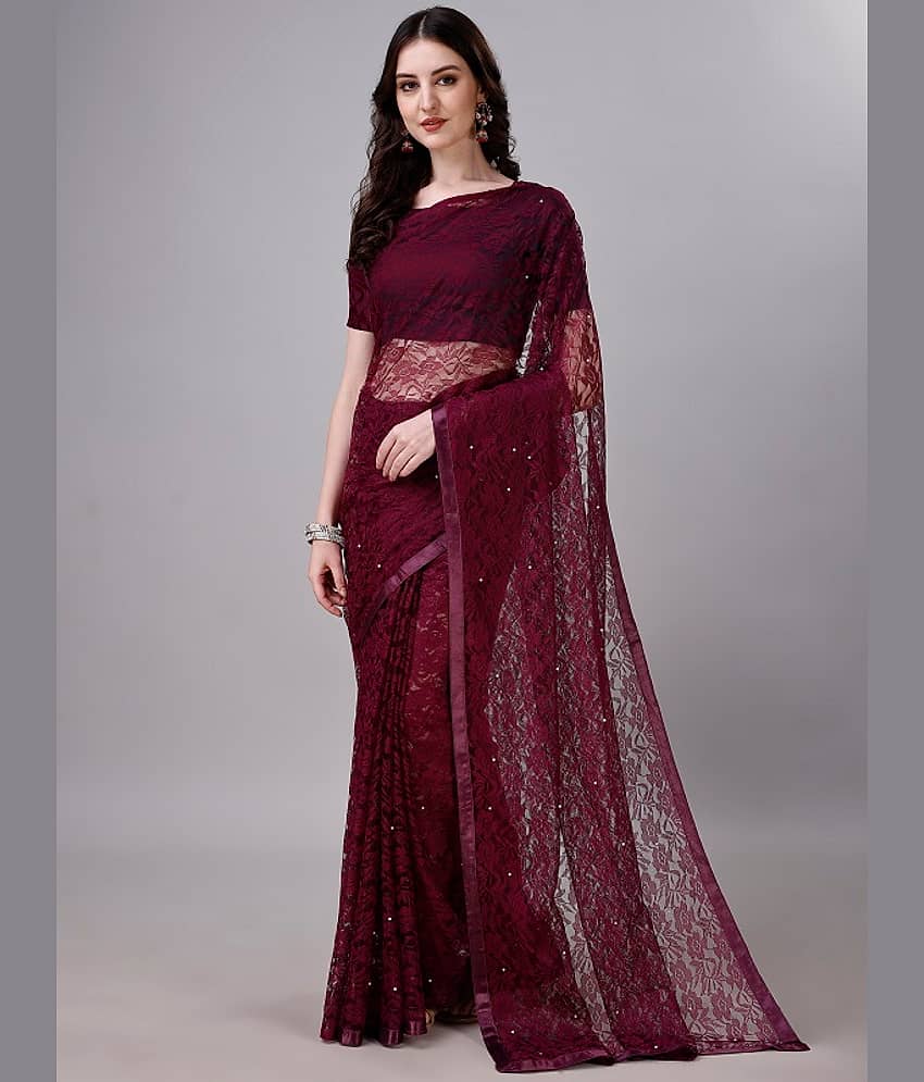 VERVIZA Net Embroidered Saree With Unstitched Blouse Piece ( Wine )