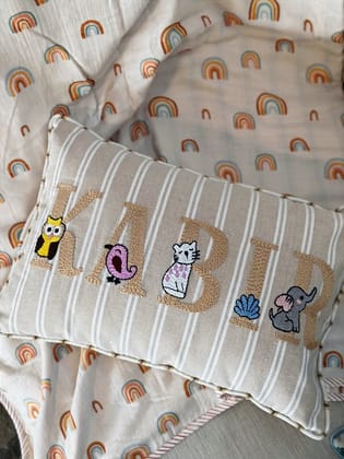 KRI India Tots Animal Farm Personalised Name Cushion Cover|12x18 inches | Beige & Ivory  | Wash & Care | 100% Cotton | Handcrafted in India. 100% organic & natural.