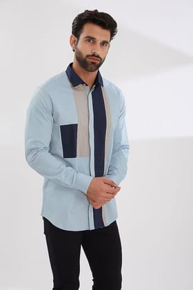 Colourblocked Smart Casual Blue Shirt-POWDERBLUE / S