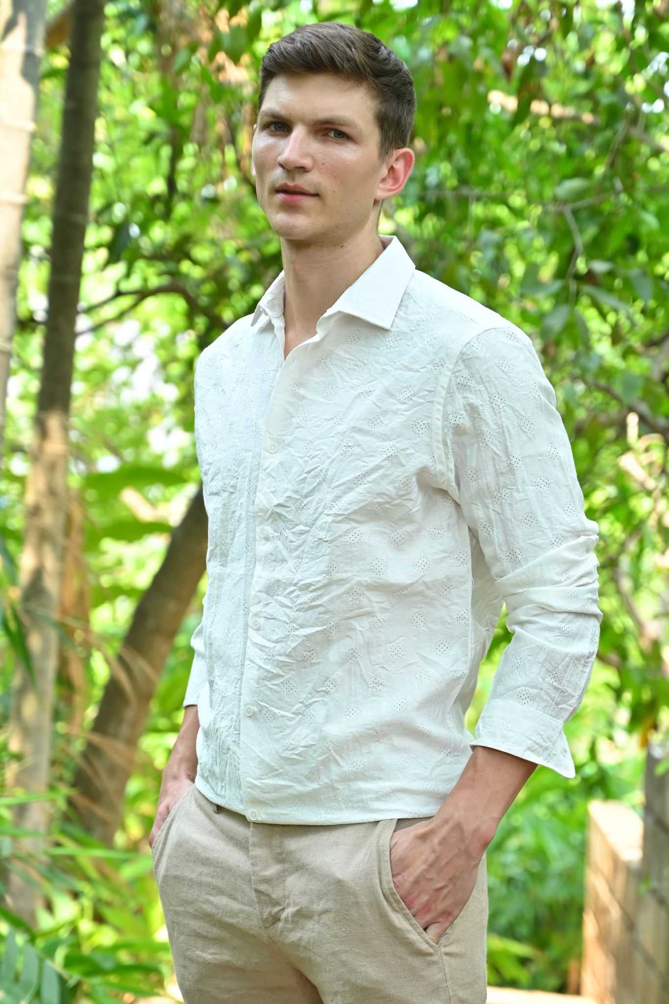 Ashly - Cotton Blend Crotchet Shirt - White-M-40 / WHITE