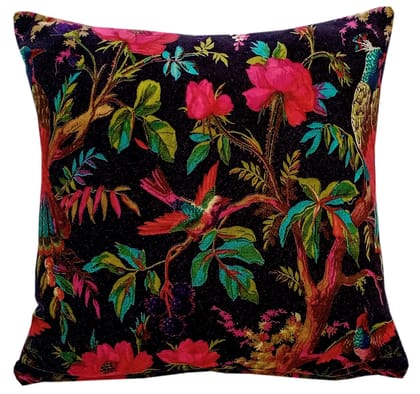 Birds of paradise velvet cushion cover- black-12 x 12 inches / Plain Cotton Backing
