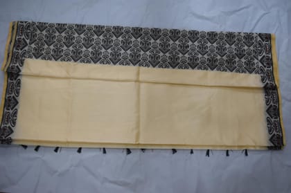 Traditional Cotton Saree with Block Print Border, Cream and Black, Handloom Style with Tassels Traditional Cotton Saree with Block Print Border, Cream and Black, Handloom Style with Tassels