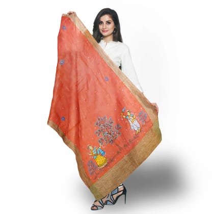 Handpainted Chanderi Silk Dupatta With Sahachari Pattachitra Art