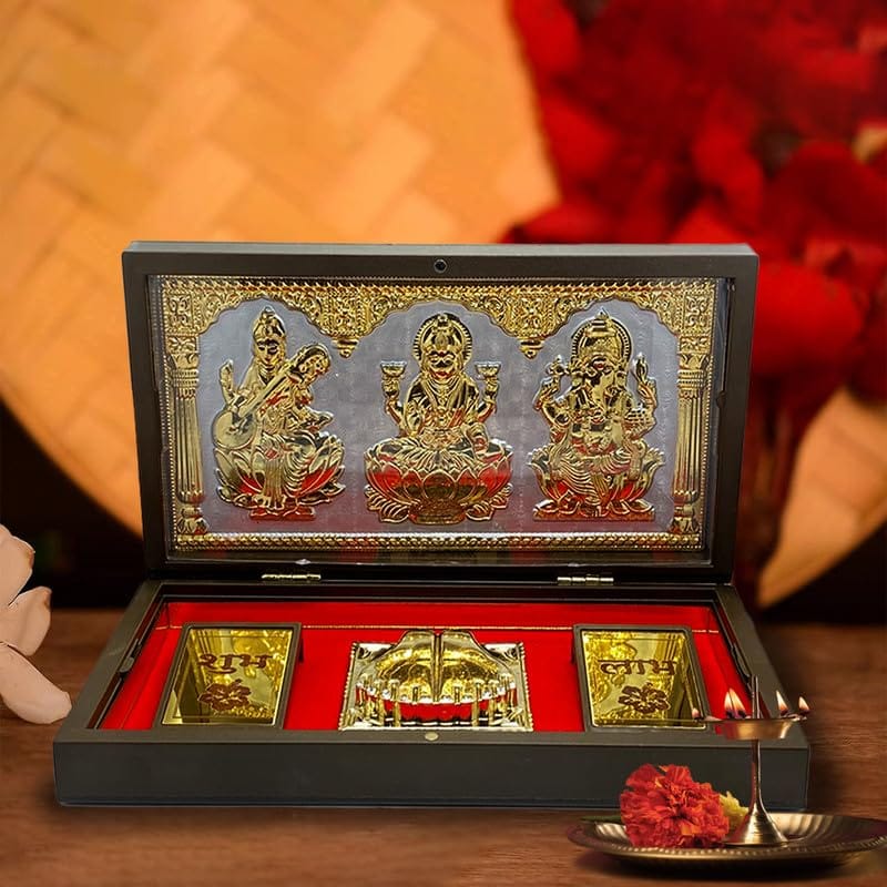 Gold Plated Laxmi Ganesh Saraswati Mantrapeti with Shubh Labh Charan Paduka for Pooja