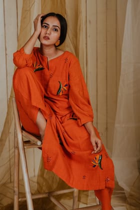 Tangerine Paradise Flowers Kurta-S