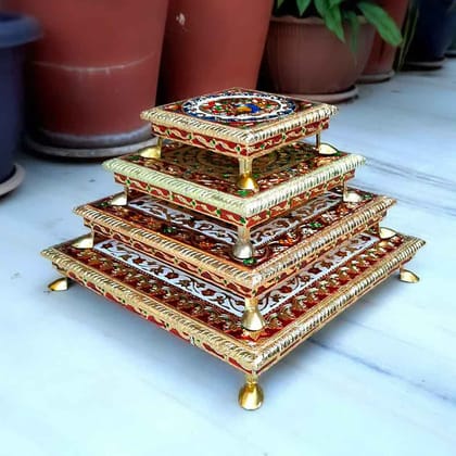 Minakari Puja Chowki Set - Bajot For Pooja, Festival, Wedding & Home Decor - 6,8,10,12 Inch (Pack of 4)-Design 1