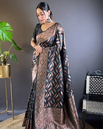 Marathi Mood Soft Silk Paan Triple Zari Woven Sleek Black Saree