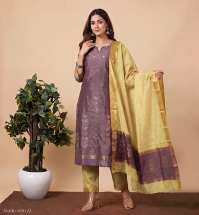 Handloom Chanderi Silk Cotton 3 Piece Suit Set 