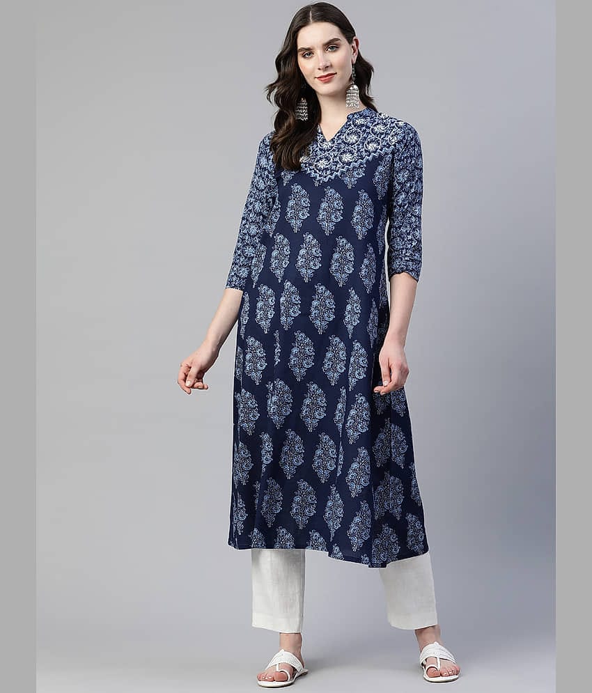 Vbuyz - Blue Cotton Women's A-line Kurti ( Pack of 1 )