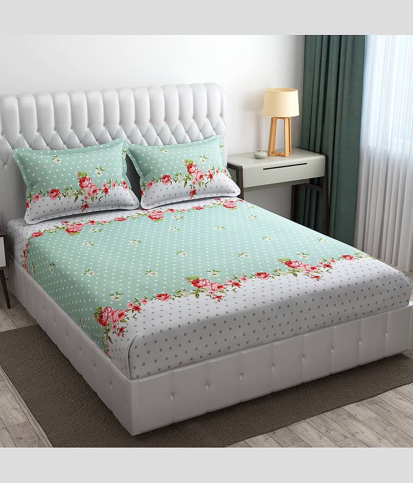 SHOMES Cotton Polka Dots Fitted 1 Bedsheet with 2 Pillow Covers ( Double Bed ) - Green
