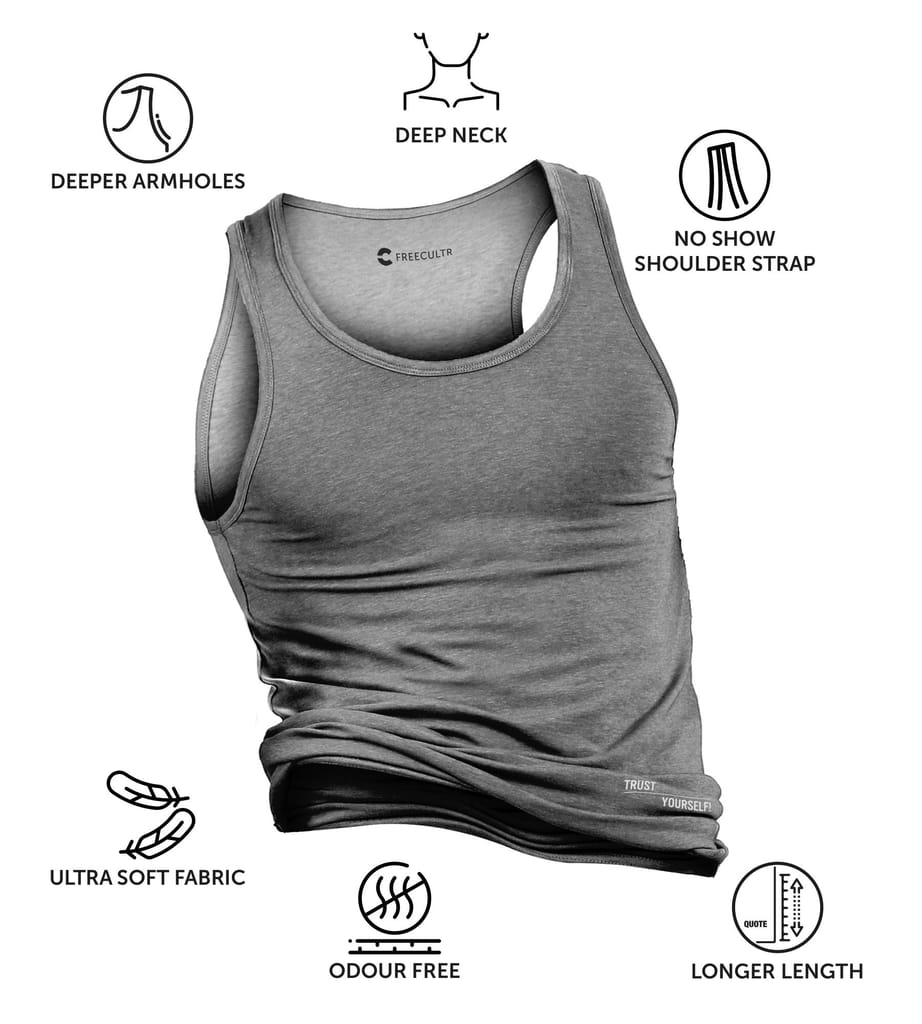 Freecultr Vest for Men | Bamboo Sleeveless, Super Soft Round Neck Gym Comfort Vest | Workout Regular Fit Innerwear | Breathable Sando with Long Hemline Pack of 2-Beach Sand,Iron Charcoal