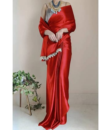 JULEE Satin Solid Saree With Unstitched Blouse Piece ( Navy Blue )