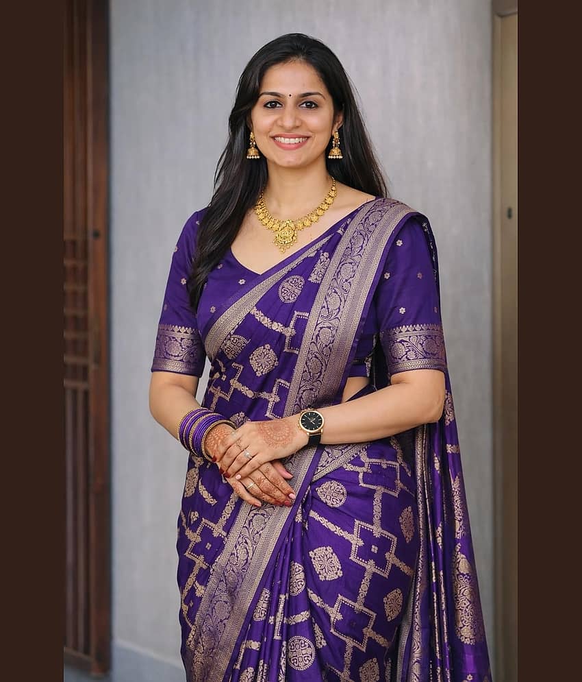 Vastukala Silk Woven Design Banarasi saree With Unstitched Blouse Piece ( Purple )