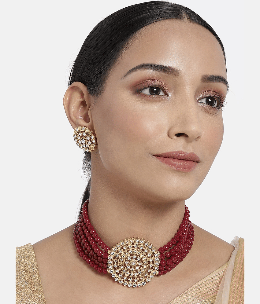 PUJVI Alloy Maroon Designer Necklaces Set Choker